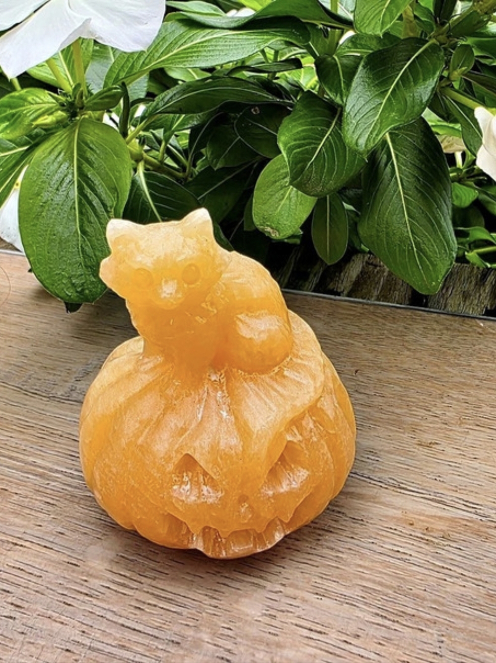 Orange Calcite Crystal Pumpkin with Cat